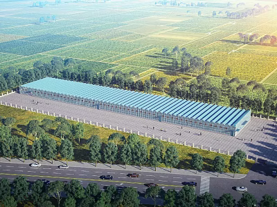 Large Industrial Factory Building With Blue Roof In Open Green Fields And Trees 3d model