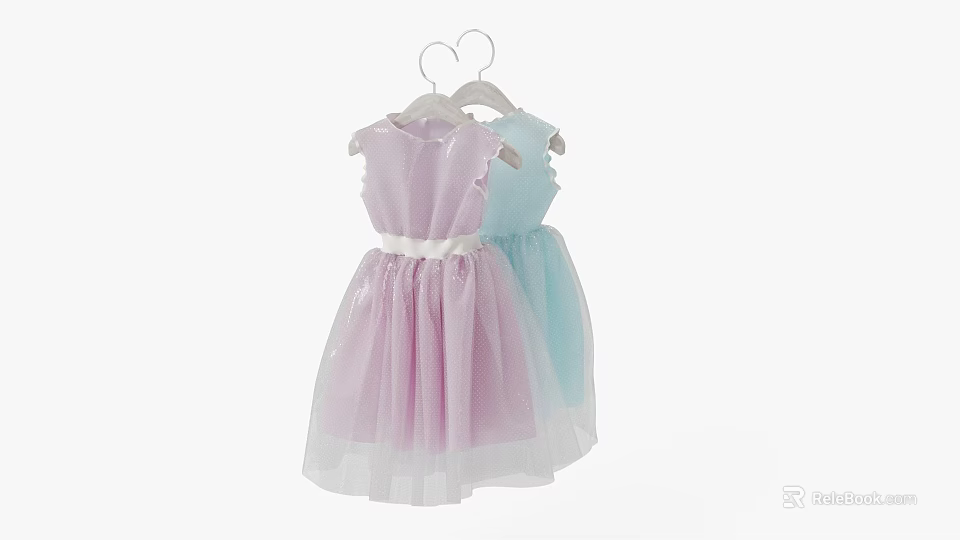 Cute Kids Dresses In Pink And Light Blue With Ruffle Details And Ribbon Belt 3d model 
