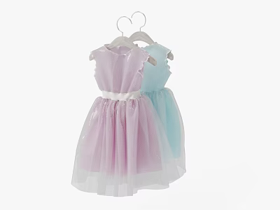 Cute Kids Dresses In Pink And Light Blue With Ruffle Details And Ribbon Belt 3d model