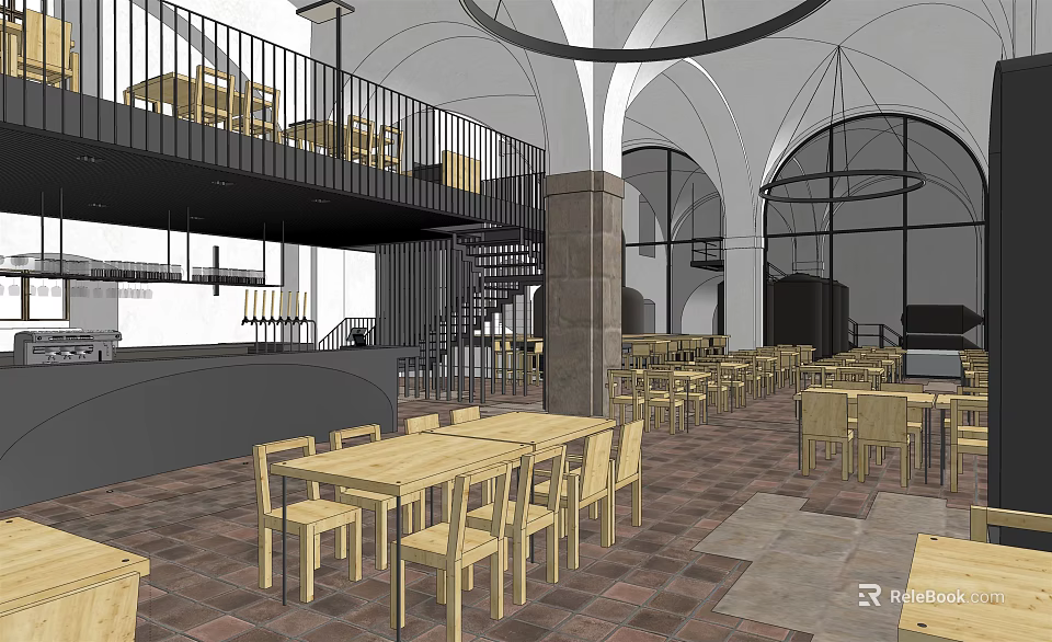 Spacious Restaurant Interior Featuring Wooden Tables Chairs Mezzanine Black Railings And Arched Ceilings 3d model 