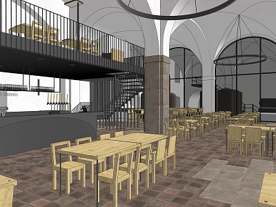 Spacious Restaurant Interior Featuring Wooden Tables Chairs Mezzanine Black Railings And Arched Ceilings 3d model