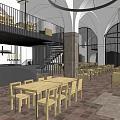 Spacious Restaurant Interior Featuring Wooden Tables Chairs Mezzanine Black Railings And Arched Ceilings