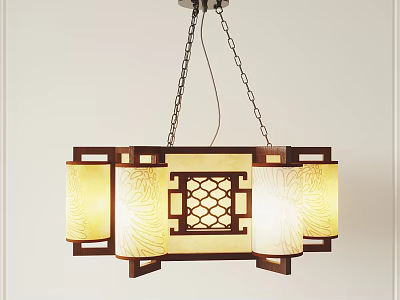 Chinese Style Wooden Frame Pendant Light With Lattice Design And Patterned Lampshade 3d model