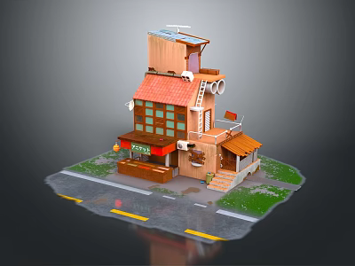 Cartoon Scene of a Multi Story Building with Red Roof Windows Balcony Street and Grass 3d model