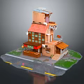 Cartoon Scene of a Multi Story Building with Red Roof Windows Balcony Street and Grass