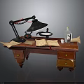 Red Wooden Desk With Table Lamp Open Book Papers And Ink Bottle