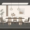 Modern Restaurant Interior With Wooden Dining Table Chairs Pendant Lights And Decorative Artwork
