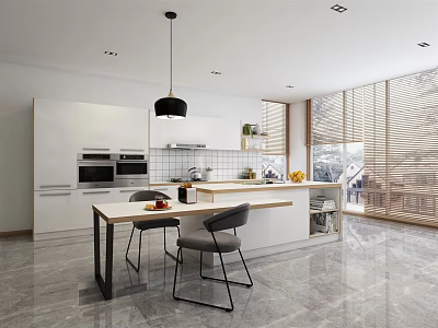 Modern Kitchen With White Cabinets Island Black Pendant Light Large Windows And Gray Flooring 3d model