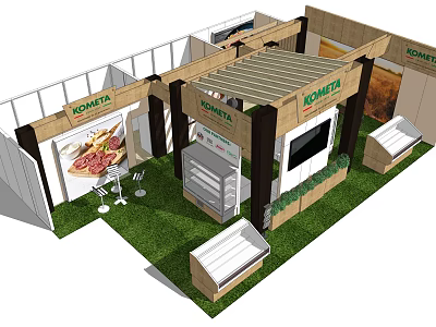 KOMATSU Exhibition Booth With Wooden Structure Green Lawn And Food Display Counters 3d model