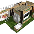 KOMATSU Exhibition Booth With Wooden Structure Green Lawn And Food Display Counters