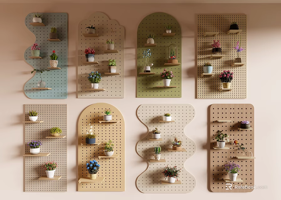 Stylish Bonsai Potted Plants Arrangement on Different Designed Pegboards with Small Greenery 3d model 
