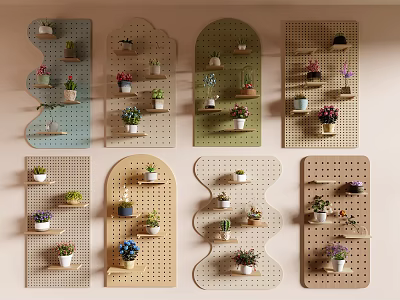 Stylish Bonsai Potted Plants Arrangement on Different Designed Pegboards with Small Greenery 3d model