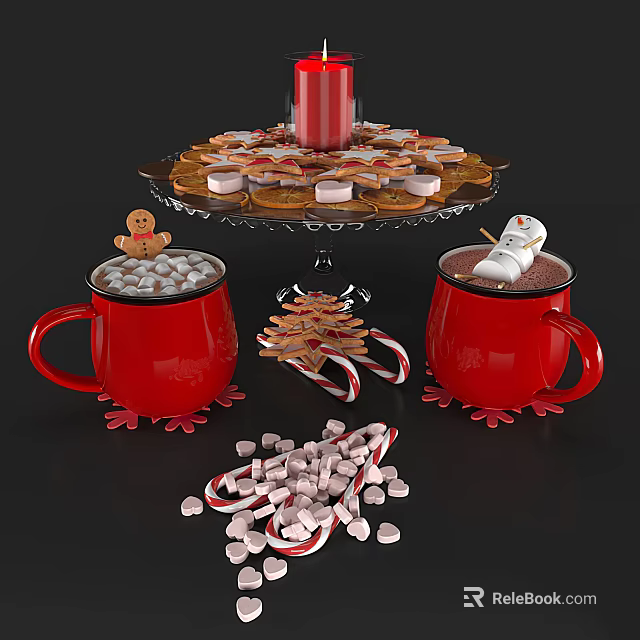 Festive Red Mugs Marshmallows Gingerbread Man Snowman And Three Tier Tray With Cookies Candy Canes 3d model 