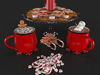 Festive Red Mugs Marshmallows Gingerbread Man Snowman And Three Tier Tray With Cookies Candy Canes 3d model
