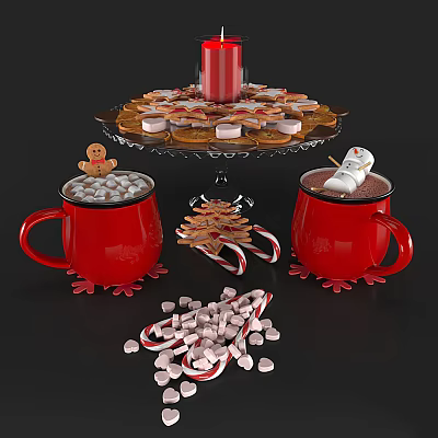Festive Red Mugs Marshmallows Gingerbread Man Snowman And Three Tier Tray With Cookies Candy Canes 3d model