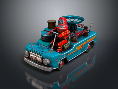 Vintage Blue Toy Car With Red Robot On Driver Seat Mechanical Details And Retro Design 3d model