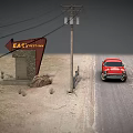 Modern Scene Featuring Red Vintage Car Near Easy Street Inn Sign On Sandy Road