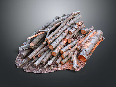 Natural Stacked Wooden Logs And Branches On Stone Base With Rustic Texture 3d model