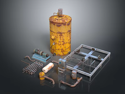 Collection of Industrial Mechanical Parts Including Rusty Tank Pipes and Metal Frame 3d model