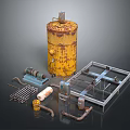 Collection of Industrial Mechanical Parts Including Rusty Tank Pipes and Metal Frame