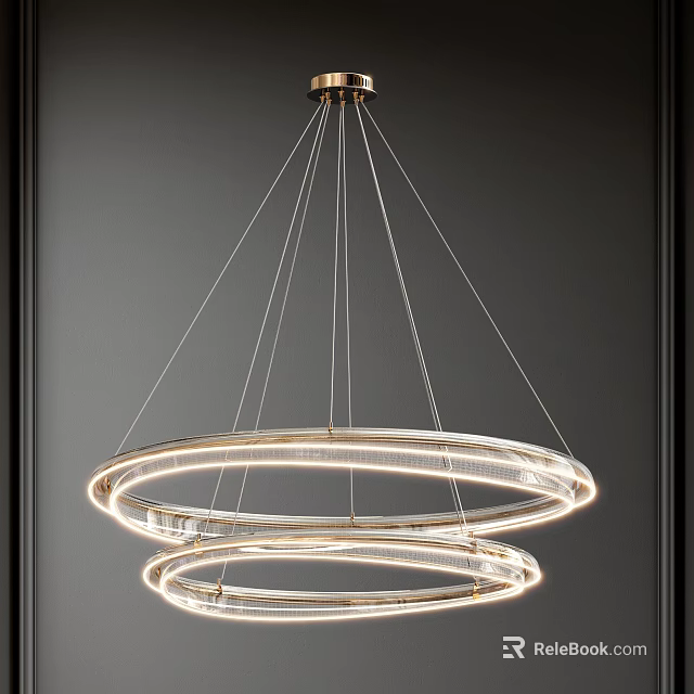 Modern Double Ring Chandelier with Golden Metal Frame Hanging Wires and Illuminated Design 3d model 