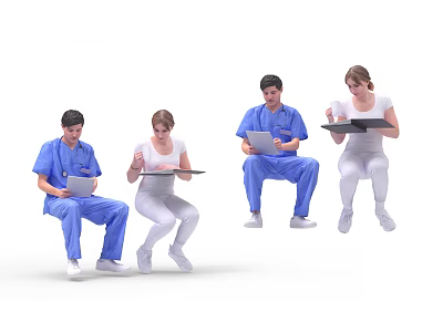 Two Medical Professionals In Scrubs Sitting With Tablets And Clipboards 3d model