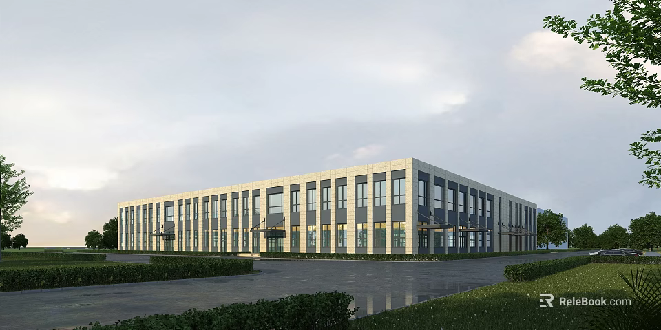 Modern Office Building Exterior With Large Glass Windows And Landscaped Lawns 3d model 