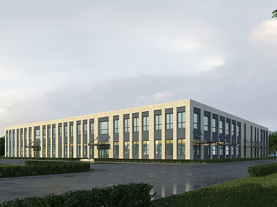 Modern Office Building Exterior With Large Glass Windows And Landscaped Lawns 3d model