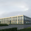 Modern Office Building Exterior With Large Glass Windows And Landscaped Lawns