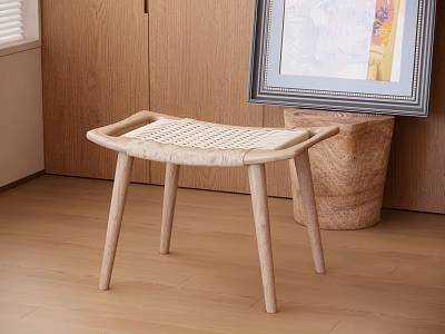 Natural Wooden Stool with Woven Seat and Slender Legs in Indoor Space with Light Wooden Floor 3d model