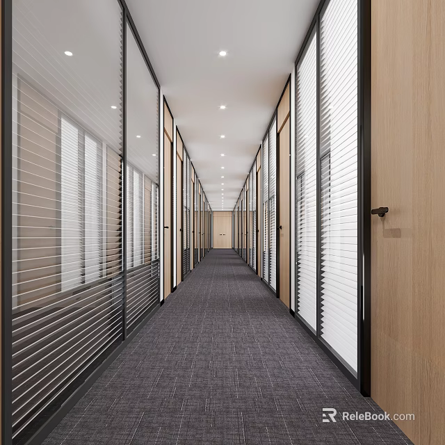 Modern Office Hallway Interior With Glass Partitions Wooden Doors And Carpeted Flooring 3d model 