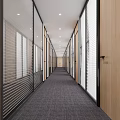 Modern Office Hallway Interior With Glass Partitions Wooden Doors And Carpeted Flooring