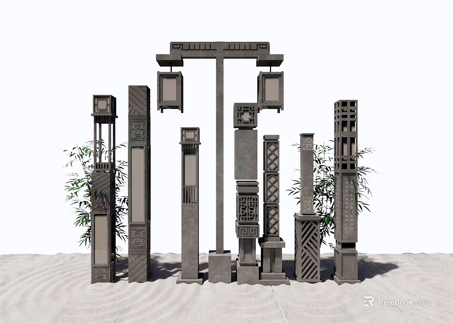 Modern Chinese Outdoor Lights Decorative Pillar Lanterns for Garden with Carved Patterns and Bamboo 3d model 