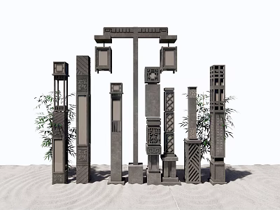 Modern Chinese Outdoor Lights Decorative Pillar Lanterns for Garden with Carved Patterns and Bamboo 3d model