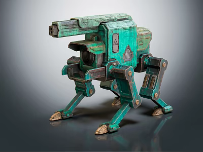 Green Mechanical Quadruped Robot With Cannon And Vintage Metal Structure 3d model