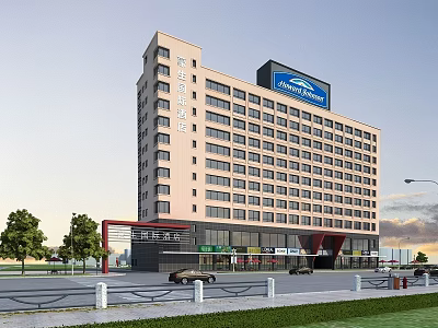 Modern High Rise Hotel Building With Light Beige Exterior Signboard And Shops At Bottom 3d model