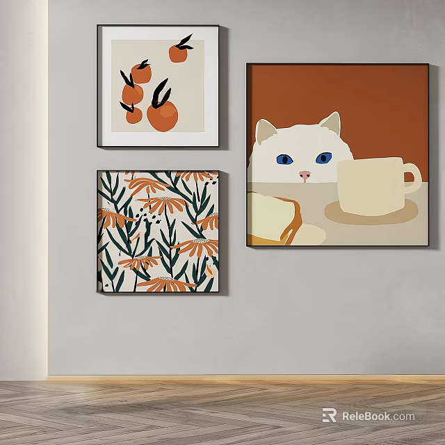 Abstract Paintings on Wall Featuring Cat Coffee Cup Bread Slice Floral and Fruit Designs 3d model
