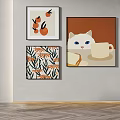 Abstract Paintings on Wall Featuring Cat Coffee Cup Bread Slice Floral and Fruit Designs 3d model