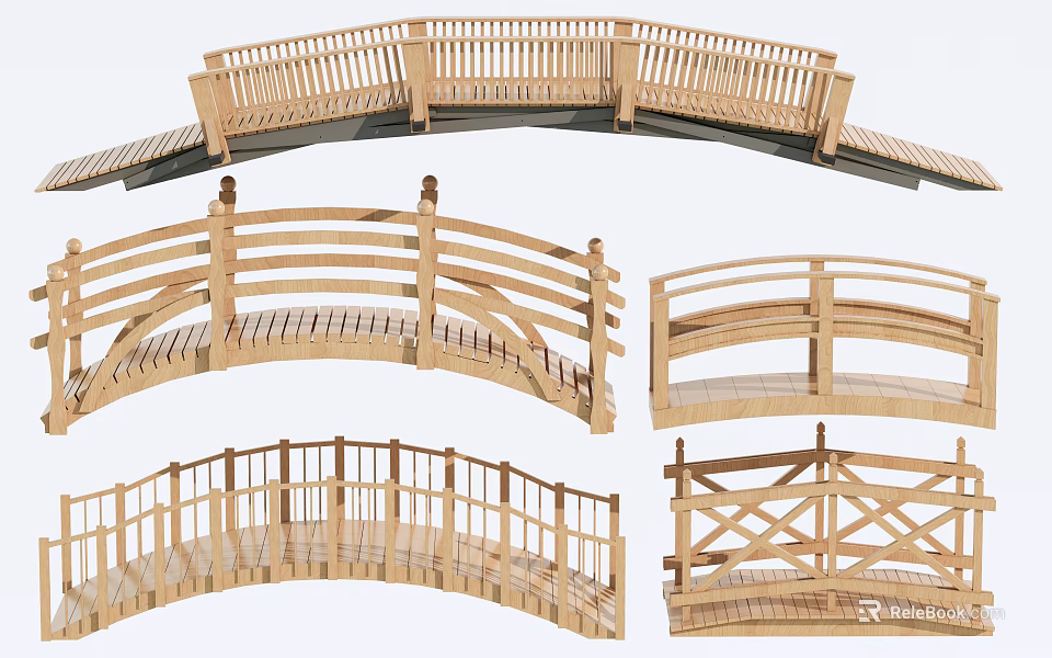 Wooden Landscape Bridge With Various Railing Designs For Garden Landscaping 3d model 