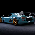 Blue Sports Car With Gold Wheels And Rear Wing On Black Background