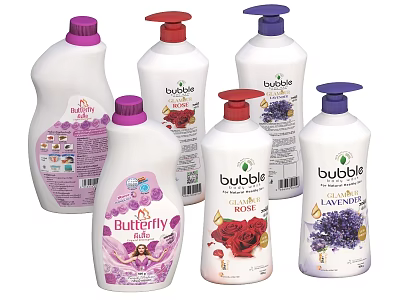 Vibrant Bubble And Butterfly Liquid Detergent Bottles With Rose Lavender Scents For Household 3d model