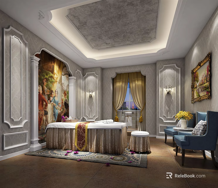 Elegant SPA Sauna Interior Featuring Massage Bed Decorative Paintings And Comfortable Chairs 3d model 