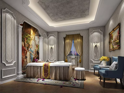 Elegant SPA Sauna Interior Featuring Massage Bed Decorative Paintings And Comfortable Chairs 3d model