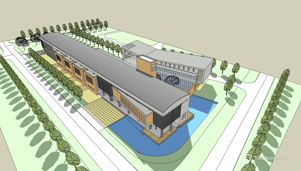 Modern Building Exterior Design With Green Landscaping Water Feature And Surrounding Trees 3d model 