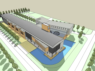 Modern Building Exterior Design With Green Landscaping Water Feature And Surrounding Trees 3d model