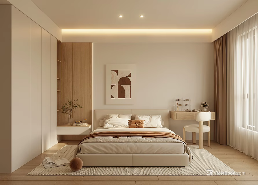 Modern Bedroom Interior With Wooden Elements White Wardrobes Bed Pillows And Decorative Painting 3d model 