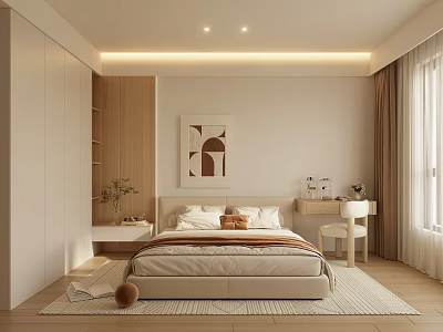 Modern Bedroom Interior With Wooden Elements White Wardrobes Bed Pillows And Decorative Painting 3d model