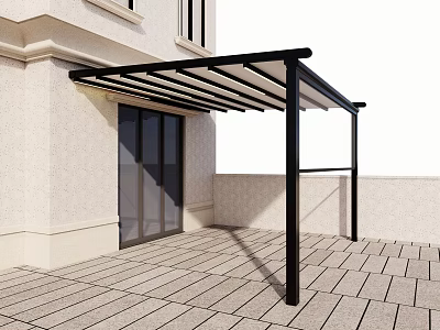 Black Frame Outdoor Patio Awning For Building Exterior With Glass Door And Tiled Flooring 3d model