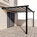 Black Frame Outdoor Patio Awning For Building Exterior With Glass Door And Tiled Flooring