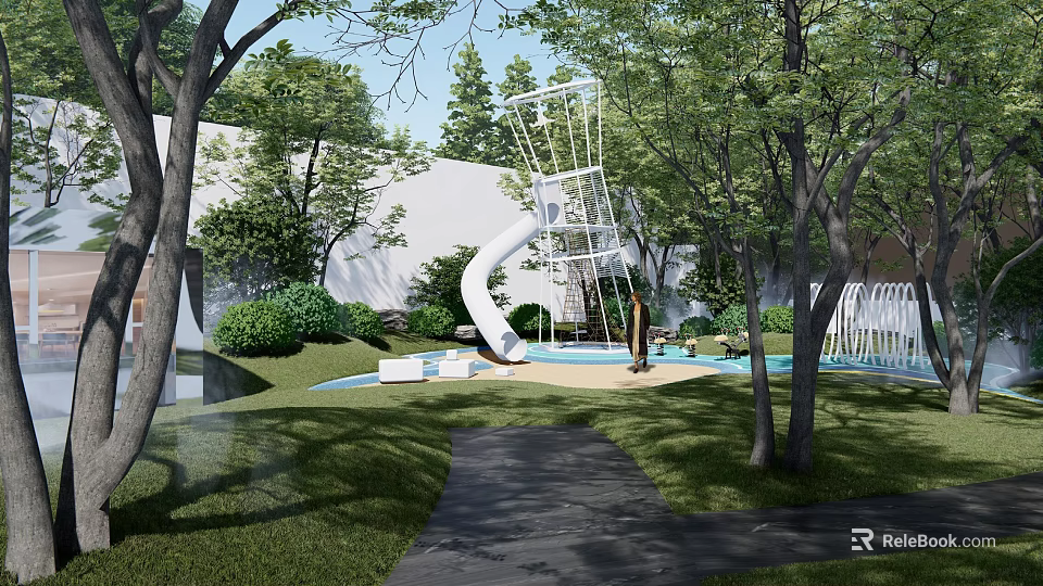 Outdoor Kids Play Area With White Slide Green Trees And Lawn 3d model 
